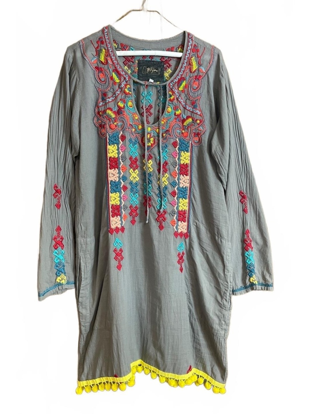 Biya by Johnny Was gray gauzy heavily embroidered dress medium
